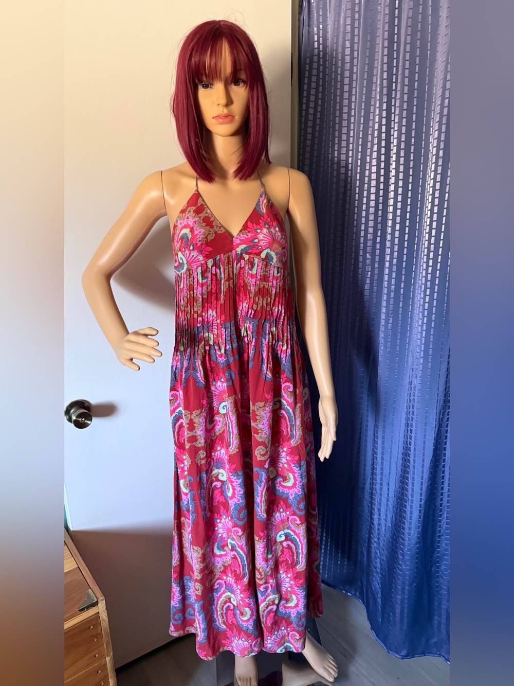 Vintage Tibi New York 100% Silk Halter Maxi Dress Paisley Pink Size 4